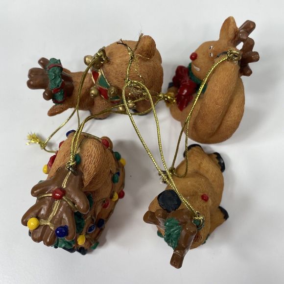 Reindeer Christmas Ornaments Lot Of 4 Silly Pose Animal Red Nosed Resin Decor - Picture 5 of 9